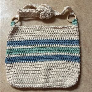 New Handcrafted Crochet Ivory With Blue & Green Stripe Crossbody Tote Bag